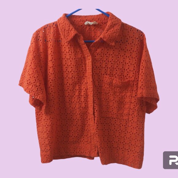Marled short sleeve collared blouse with front pocket in orange size XL. - Picture 1 of 9